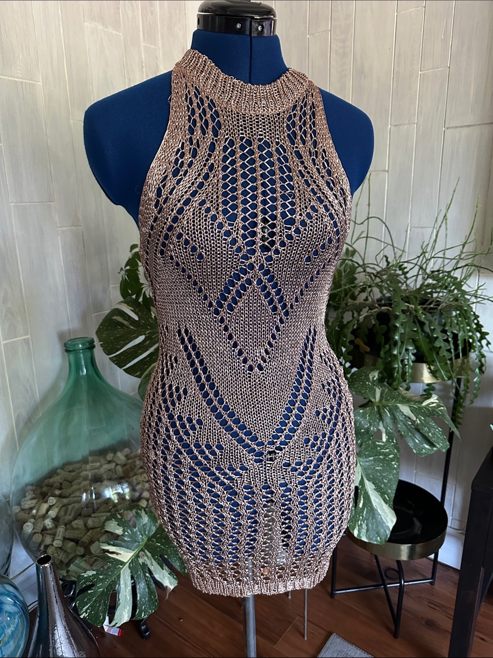 Handcrafted Taupe Crochet Halter Dress